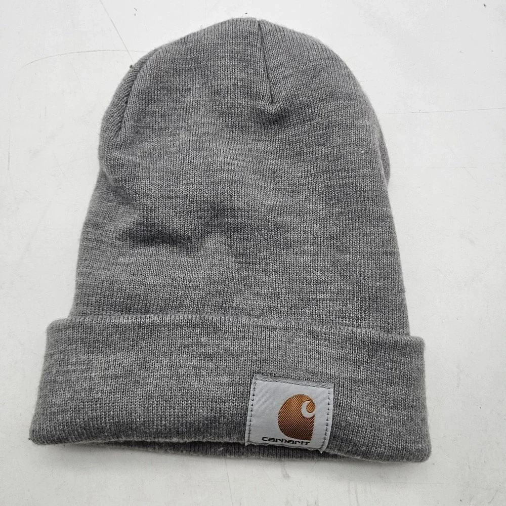 Carhartt Hat Beanie Gray Knit Cuffed Logo Patch One Size Mens Workwear A18